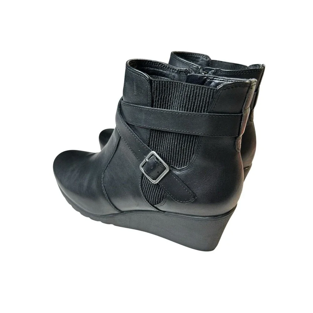 ABEO Black Leather Ankle Boots Women's 8.5 Geranium Wedge Heel Buckle Moto